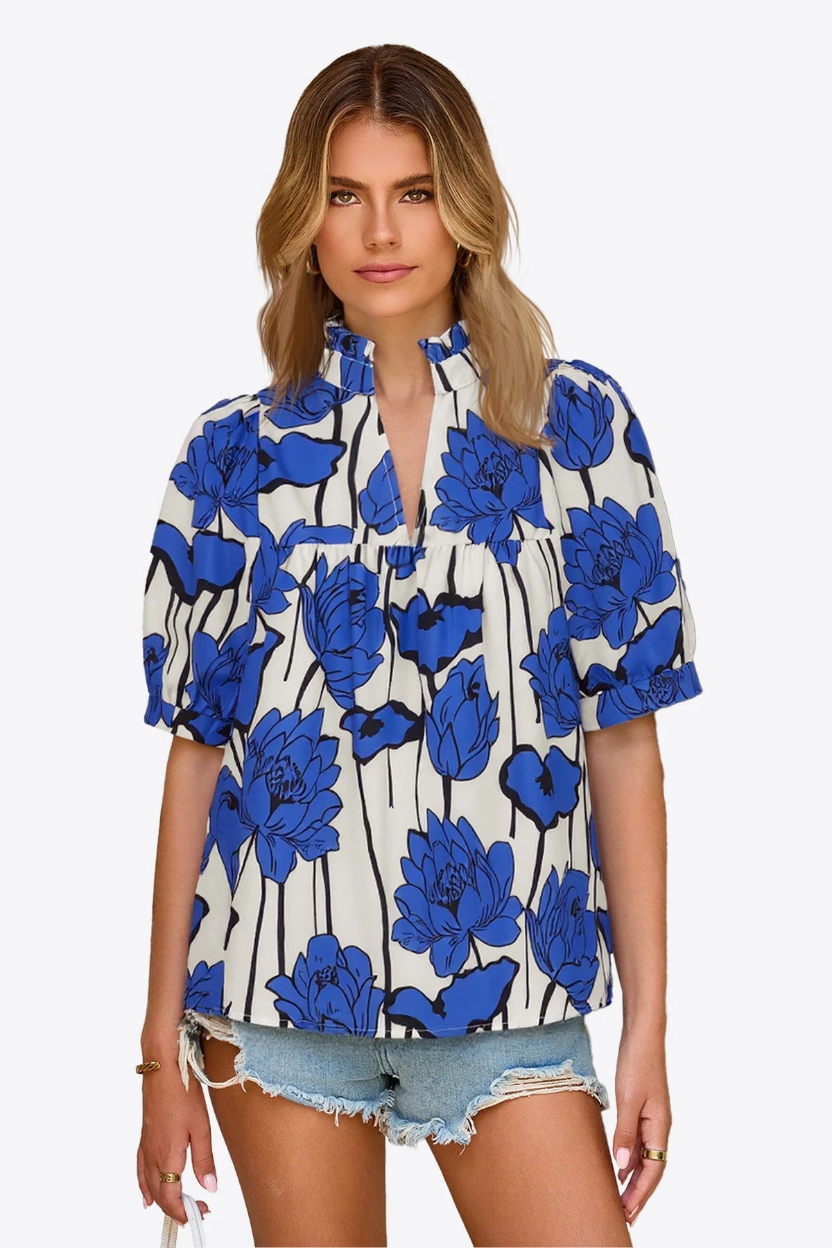 Womens Blue Floral Babydoll Blouse | CicyBell