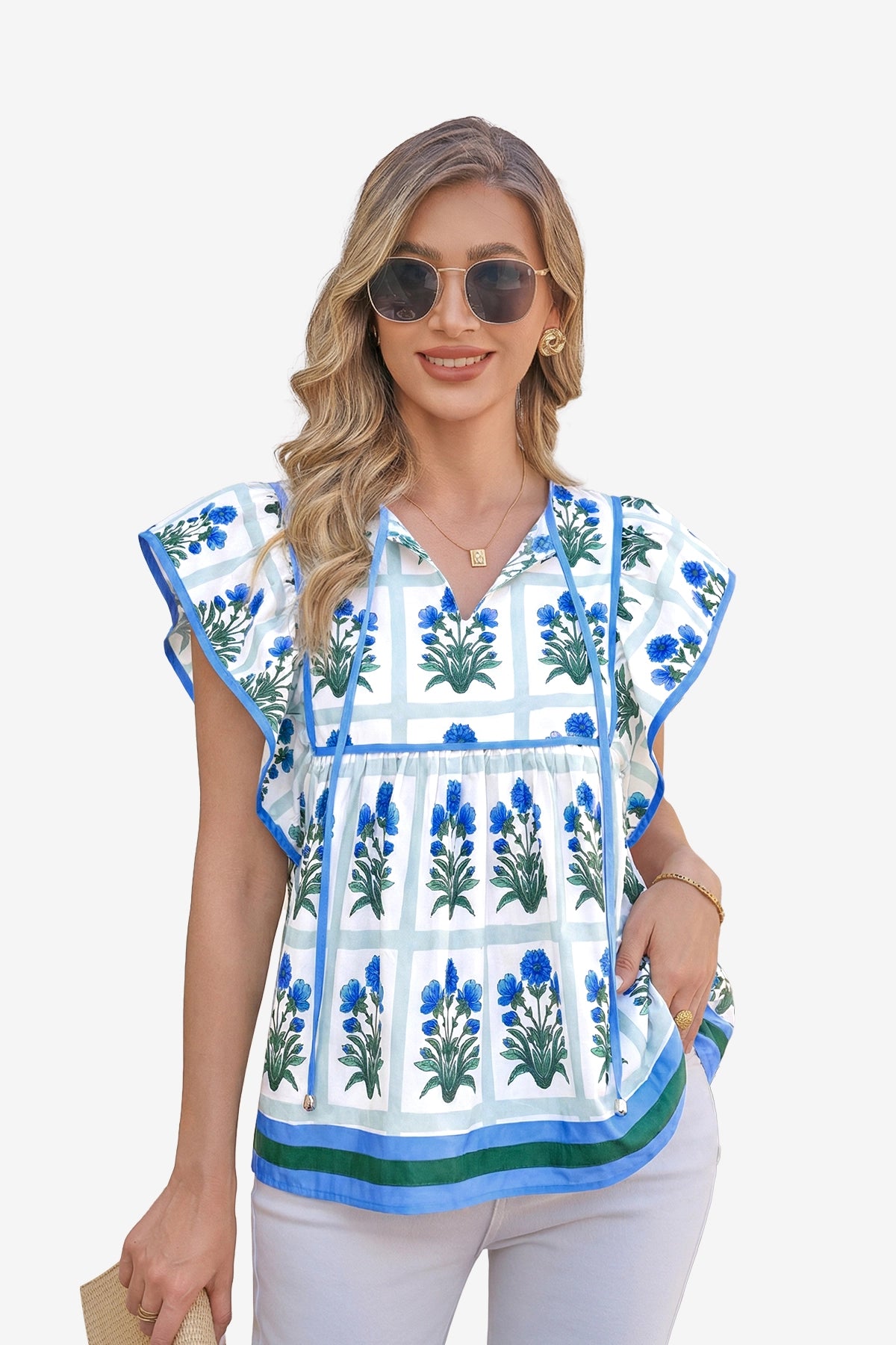 Womens Blue Floral Peplum Babydoll Tops  | CicyBell