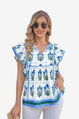 Womens Blue Floral Peplum Babydoll Tops  | CicyBell