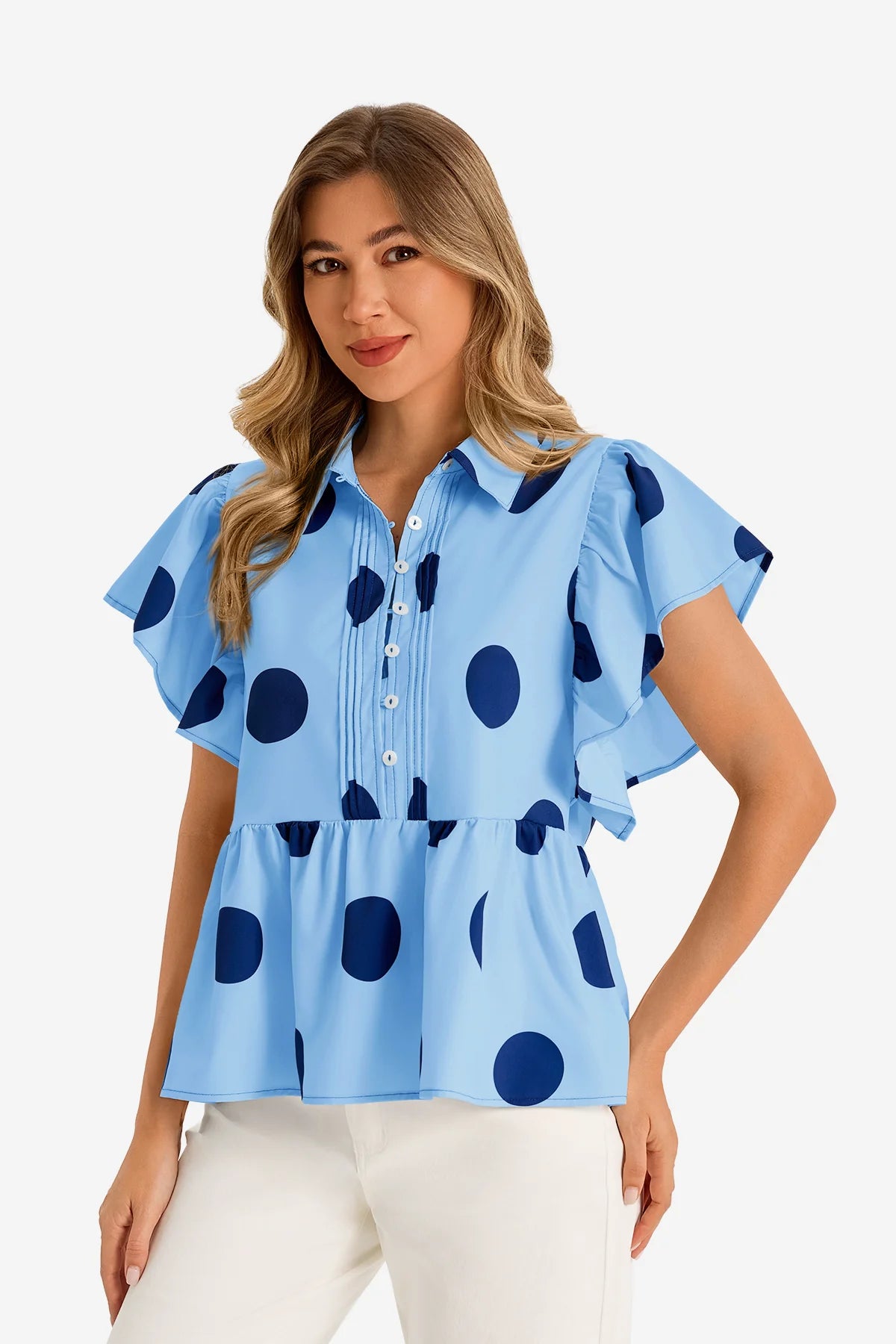 Womens Blue Polka Dot Babydoll Tops | CicyBell