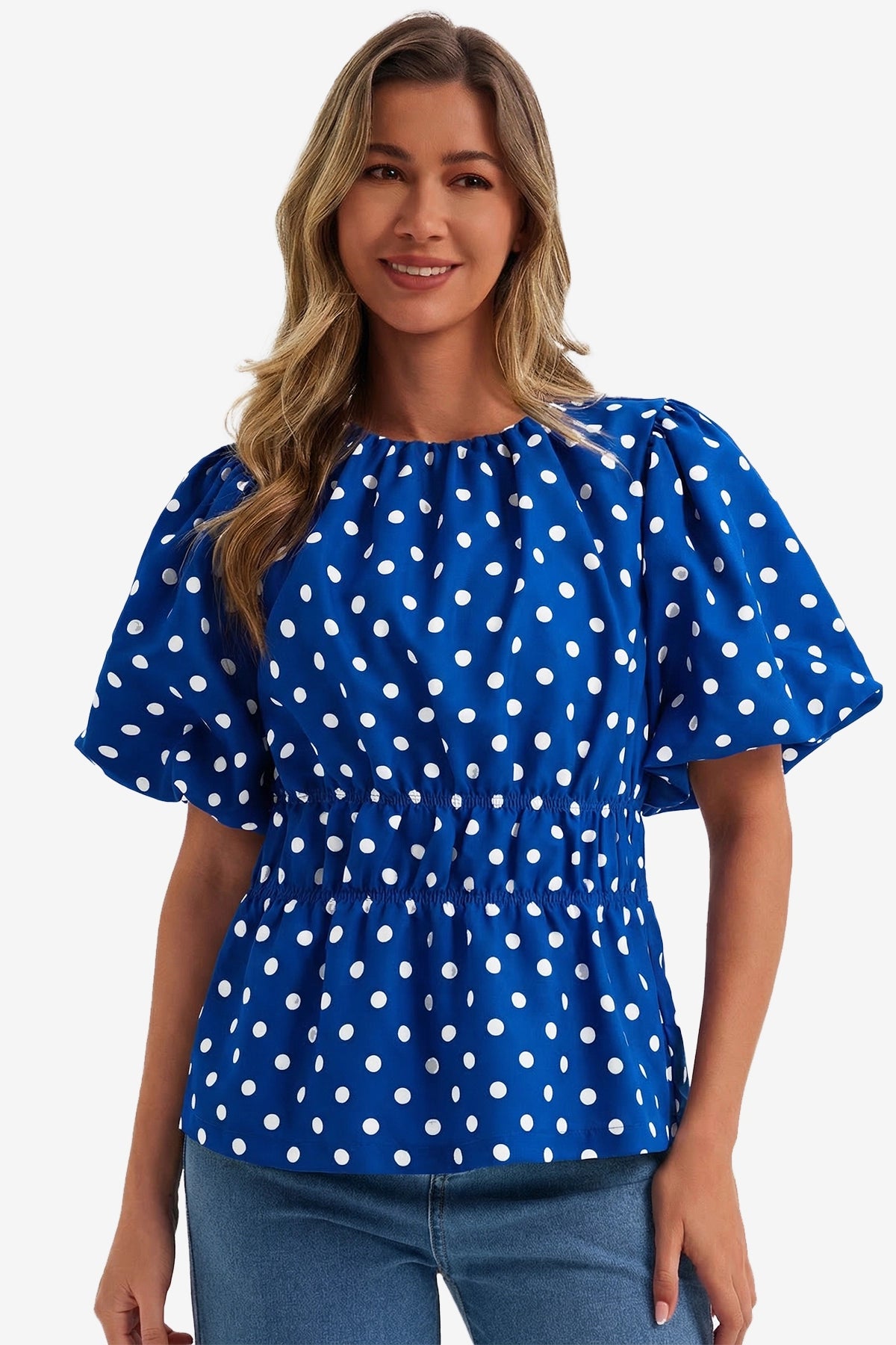Womens Blue Polka Dots Peplum Blouses  | CicyBell