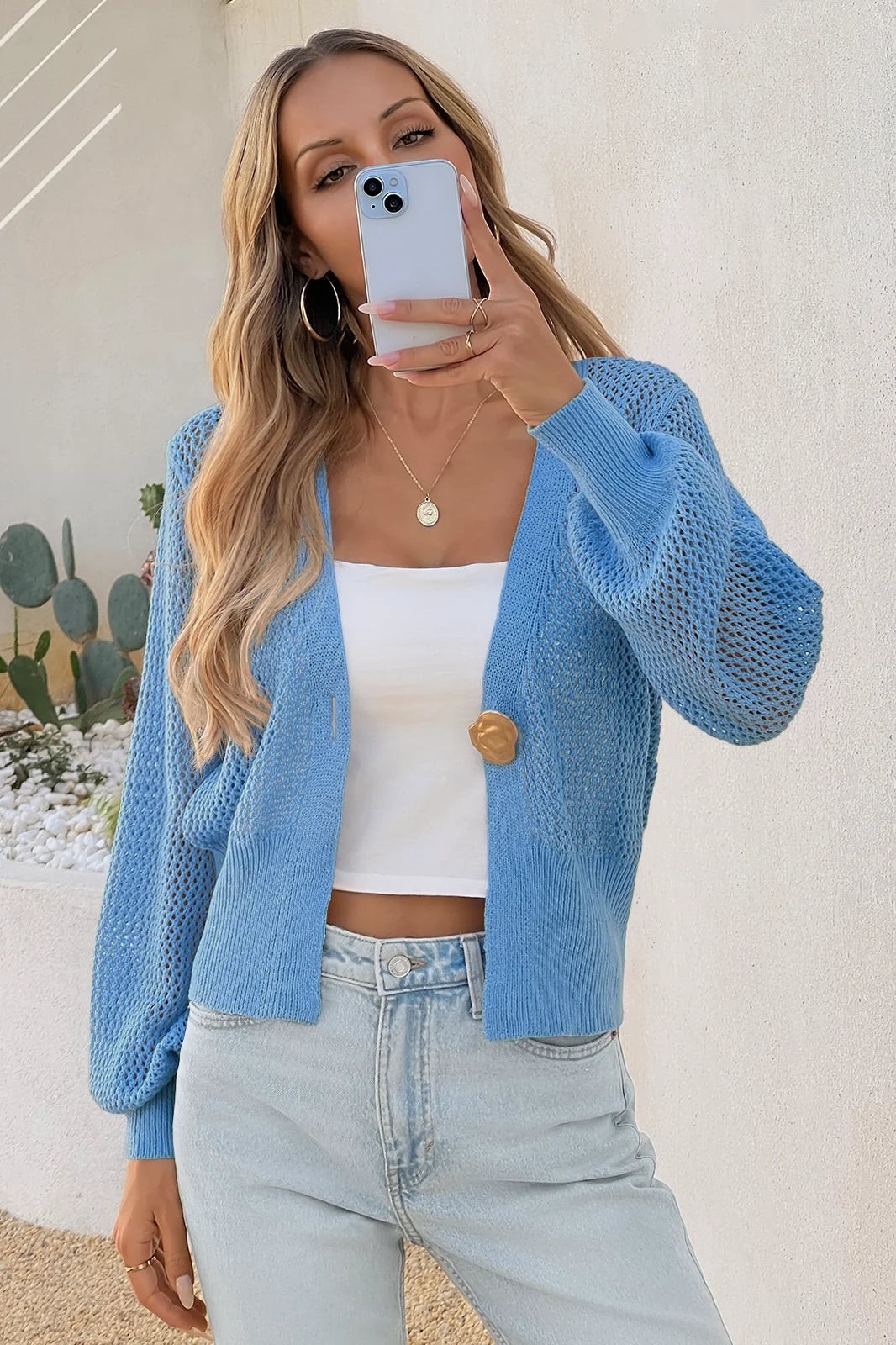 Cicy Bell Womens Blue Cropped Crochet Cardigans