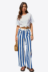 Womens Blue Striped Wide Leg Jeans | CicyBell