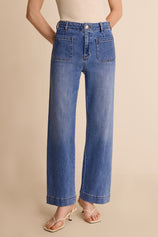 A chic pair of CicyBell wide-leg jeans in a classic retro silhouette. Highlights the smooth, side-pocket-free design that flatters the hips and stylish front patch pockets. Perfect for an effortless transition from a productive office day to a relaxed weekend.