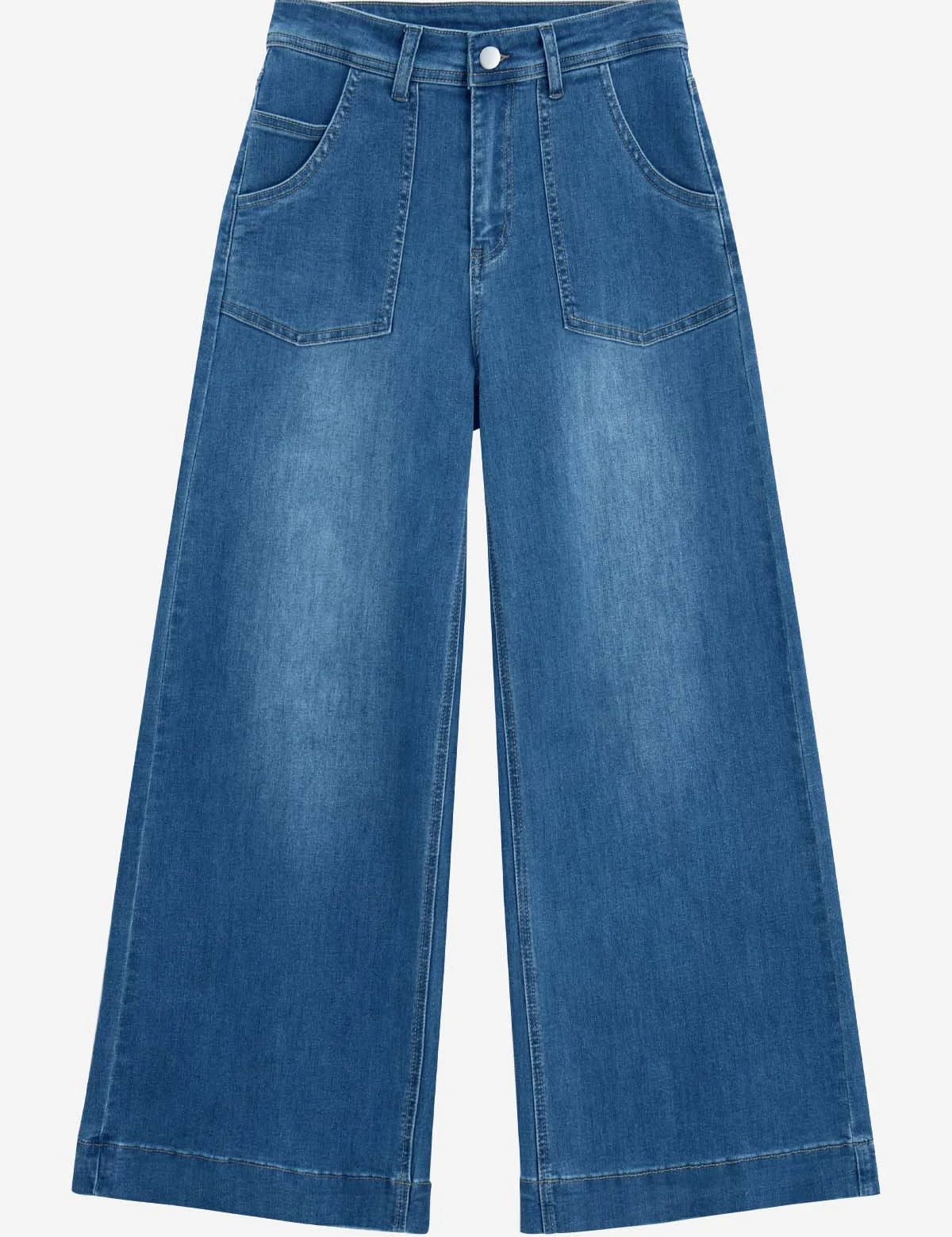 Cicy Bell Women's High-Waisted Wide-Leg Jeans featuring functional front and back patch pockets. This trendy cropped-length denim offers a flattering baggy silhouette and a leg-elongating fit for all-day comfort.