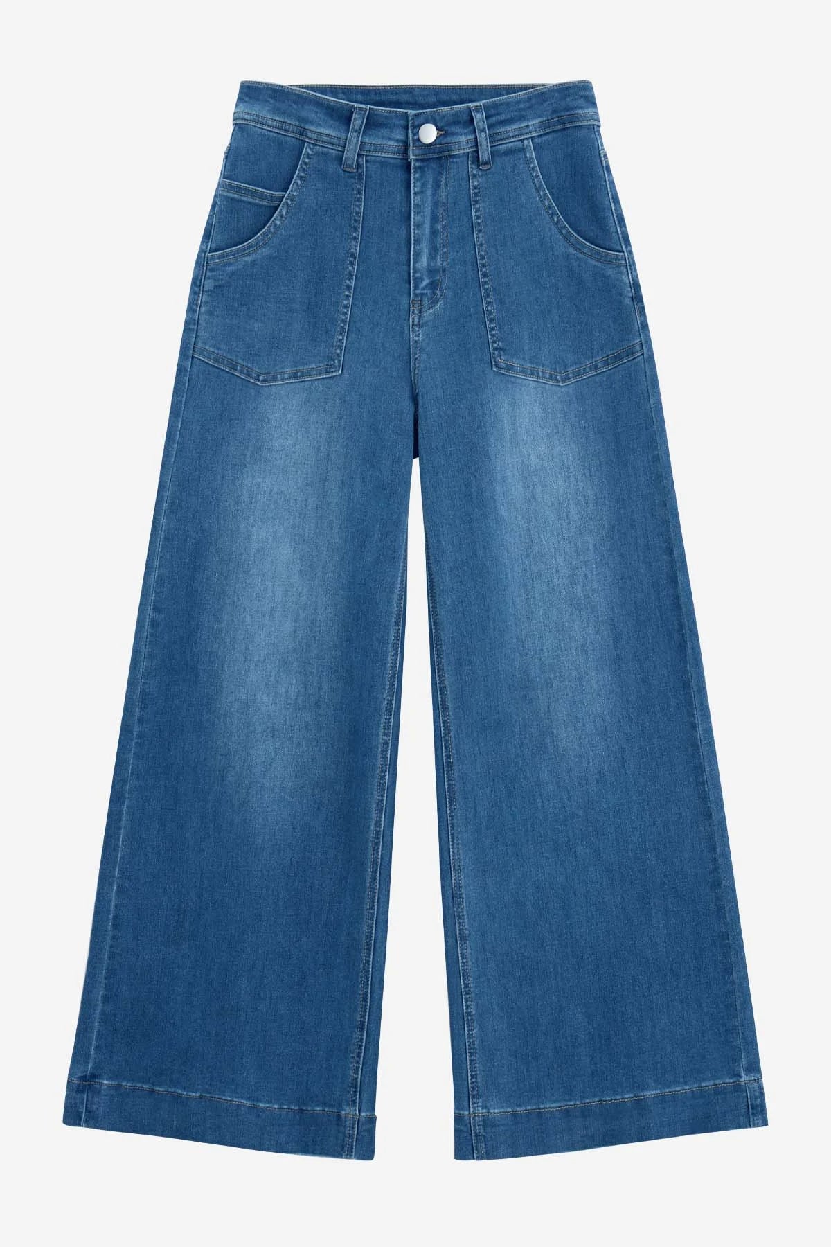 Cicy Bell Women's High-Waisted Wide-Leg Jeans featuring functional front and back patch pockets. This trendy cropped-length denim offers a flattering baggy silhouette and a leg-elongating fit for all-day comfort.