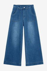 Cicy Bell Women's High-Waisted Wide-Leg Jeans featuring functional front and back patch pockets. This trendy cropped-length denim offers a flattering baggy silhouette and a leg-elongating fit for all-day comfort.