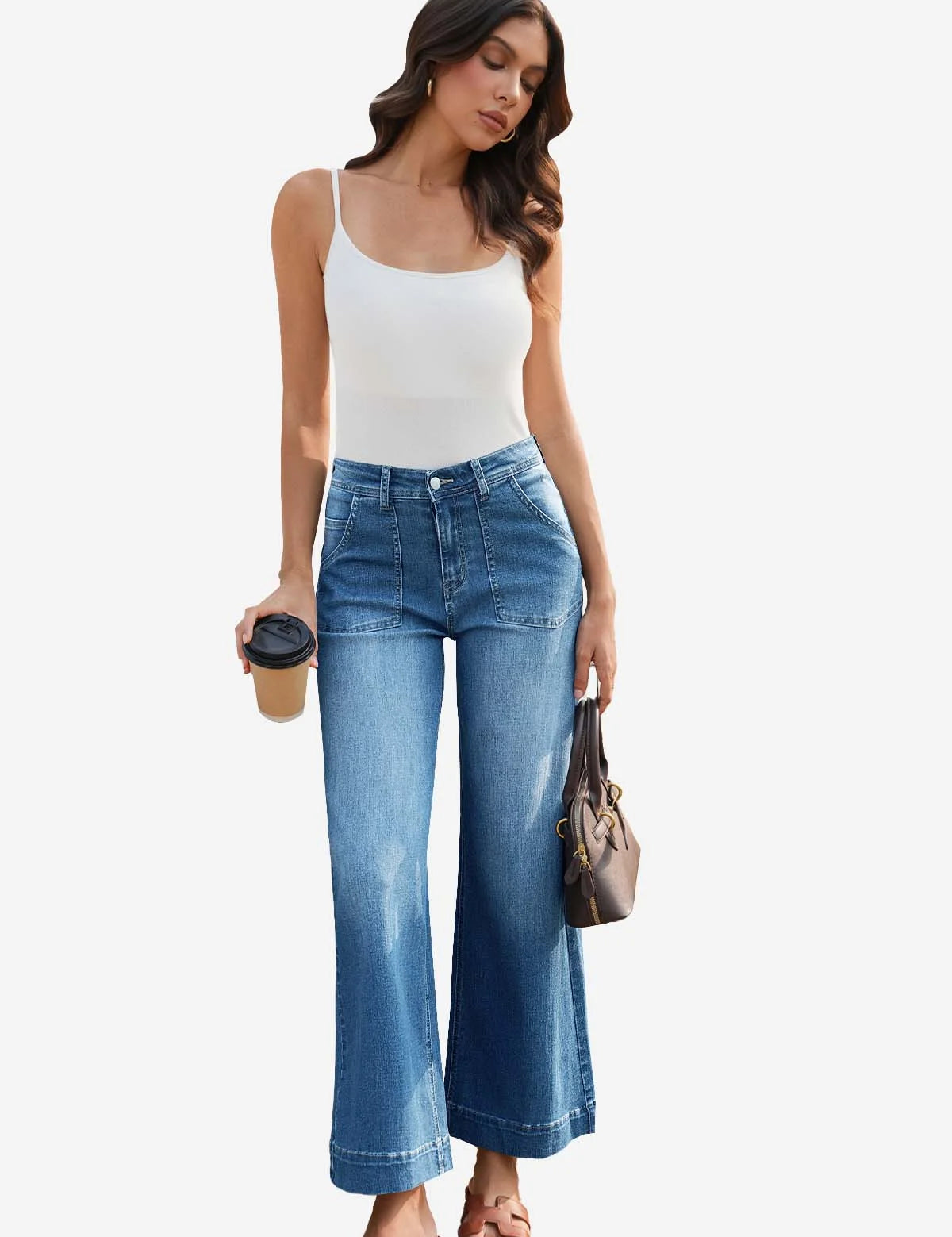 Cicy Bell Women's High-Waisted Wide-Leg Jeans featuring functional front and back patch pockets. This trendy cropped-length denim offers a flattering baggy silhouette and a leg-elongating fit for all-day comfort.