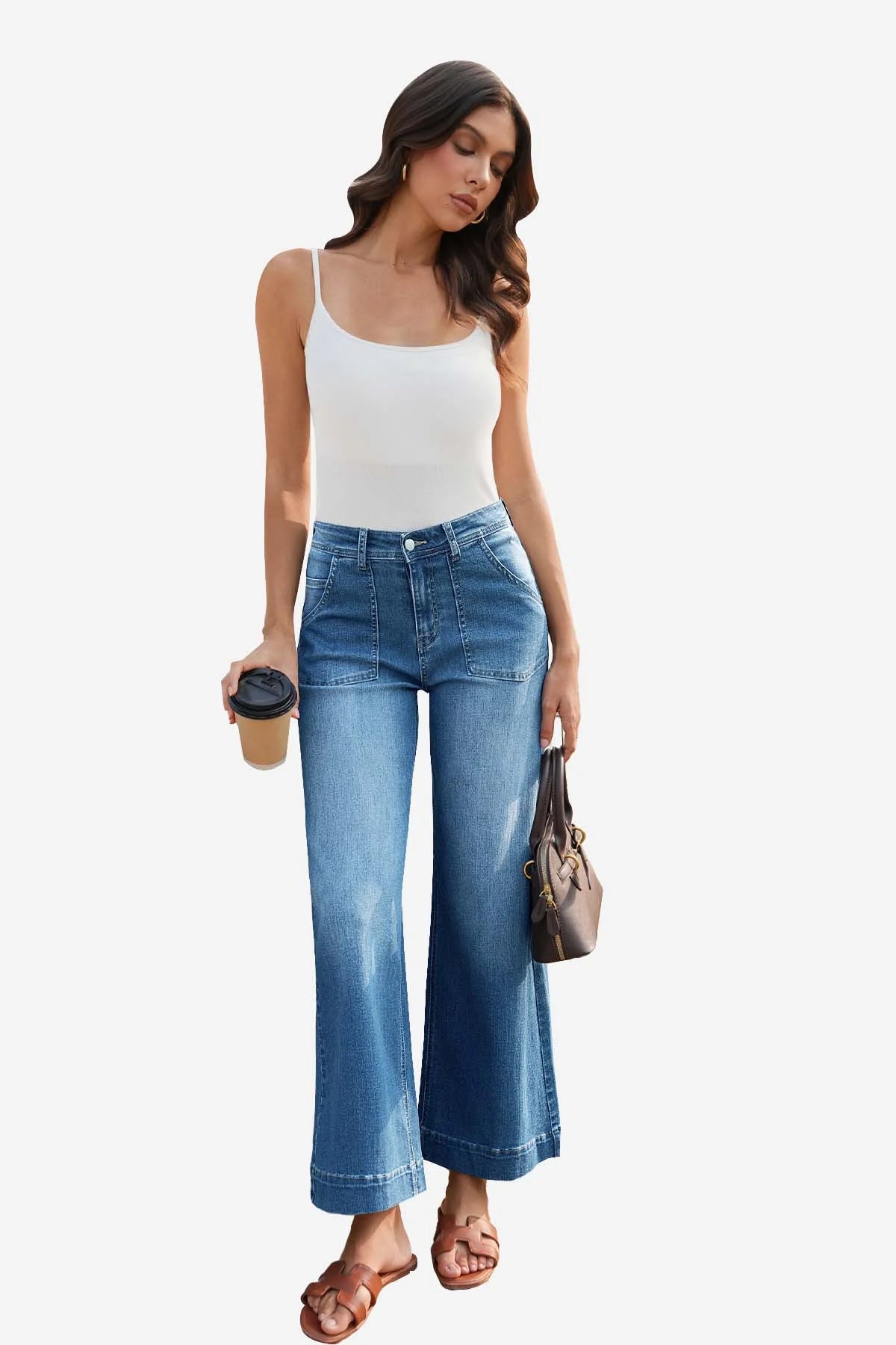 Cicy Bell Women's High-Waisted Wide-Leg Jeans featuring functional front and back patch pockets. This trendy cropped-length denim offers a flattering baggy silhouette and a leg-elongating fit for all-day comfort.