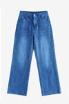 Cicy Bell Women's High-Waisted Wide-Leg Jeans featuring unique side patch pockets and a trendy frayed hem. These light blue stretchy denim pants offer a vintage-inspired straight-leg silhouette for coffee dates or nights out.