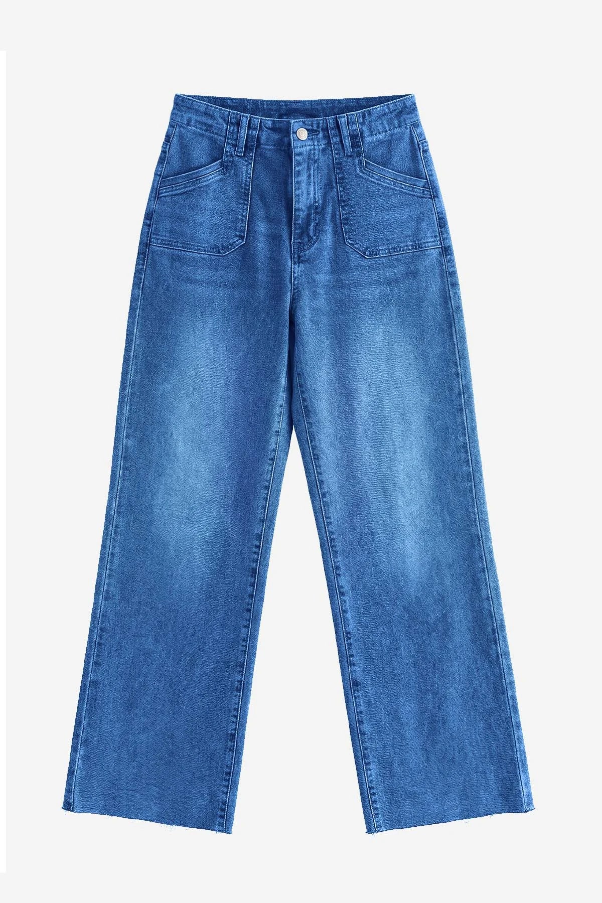 Cicy Bell Women's High-Waisted Wide-Leg Jeans featuring unique side patch pockets and a trendy frayed hem. These light blue stretchy denim pants offer a vintage-inspired straight-leg silhouette for coffee dates or nights out.