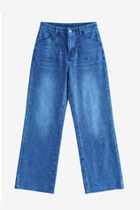 Cicy Bell Women's High-Waisted Wide-Leg Jeans featuring unique side patch pockets and a trendy frayed hem. These light blue stretchy denim pants offer a vintage-inspired straight-leg silhouette for coffee dates or nights out.