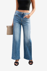 Close-up of CicyBell Blue High Waisted Wide Leg Jeans for women. Highlights the effortless pull-on style and premium stretchy denim fabric that provides a flattering, breathable, and baggy silhouette for all-day comfort.