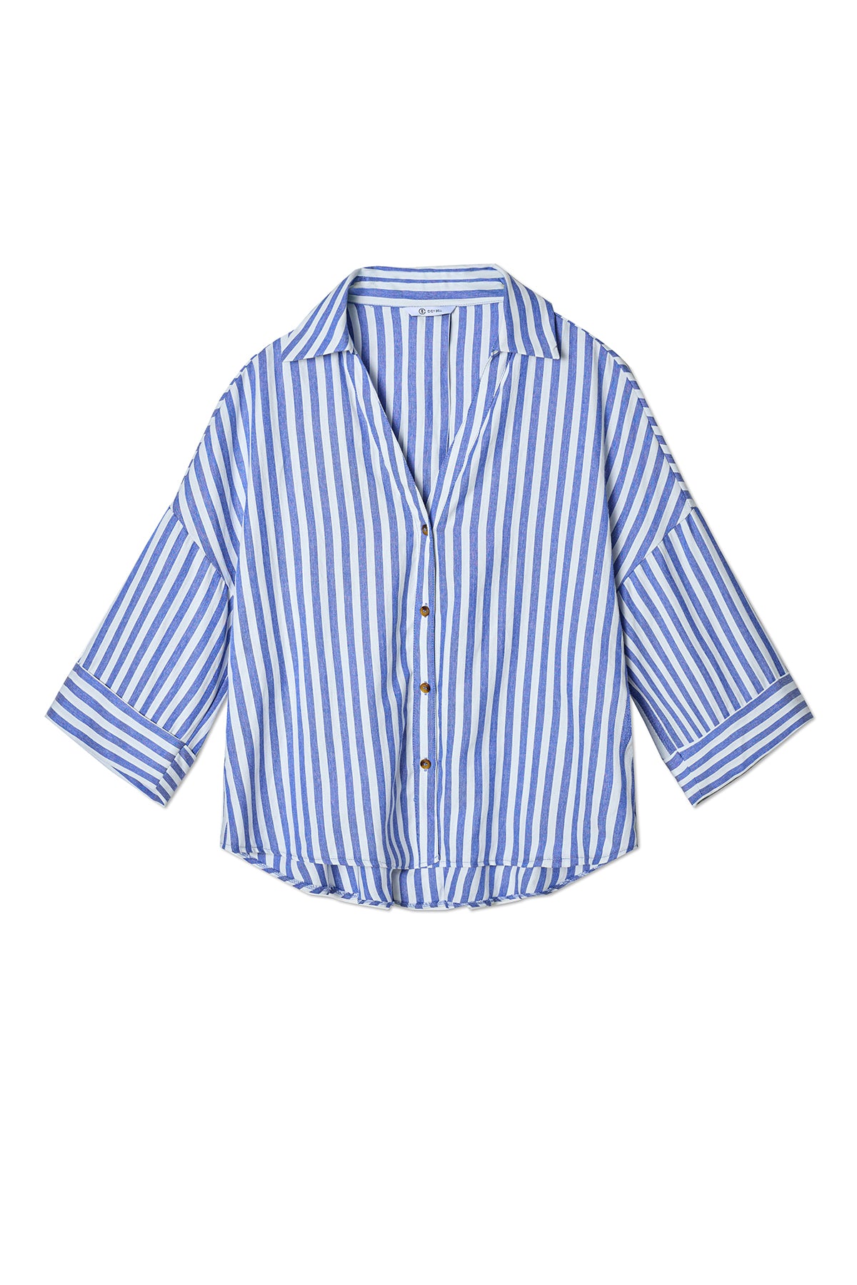 Womens Blue 3/4 Bell Sleeve Button Down Shirts | CicyBell