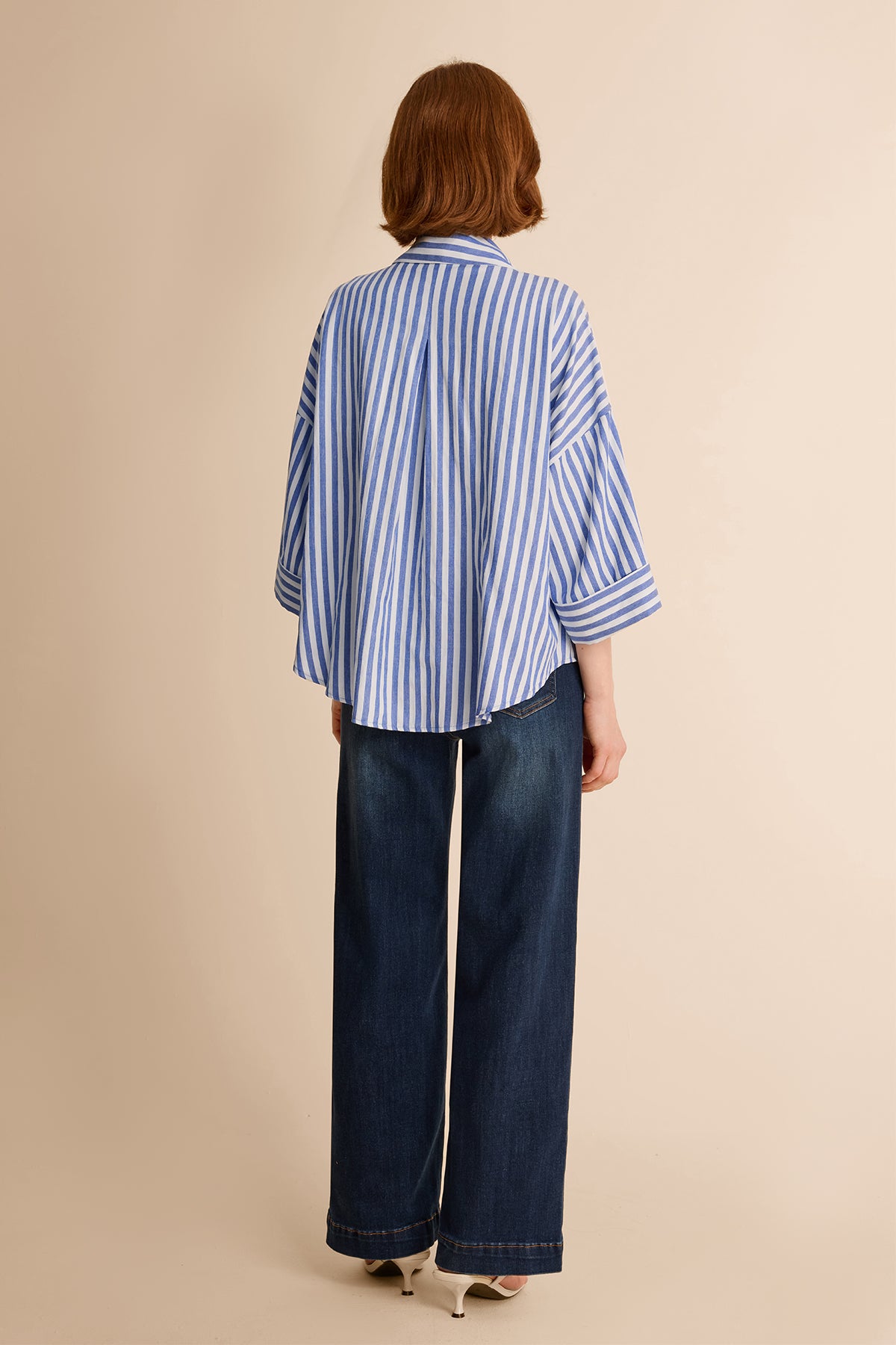 Womens Blue 3/4 Bell Sleeve Button Down Shirts | CicyBell
