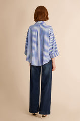 Womens Blue 3/4 Bell Sleeve Button Down Shirts | CicyBell
