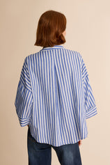 Womens Blue 3/4 Bell Sleeve Button Down Shirts | CicyBell