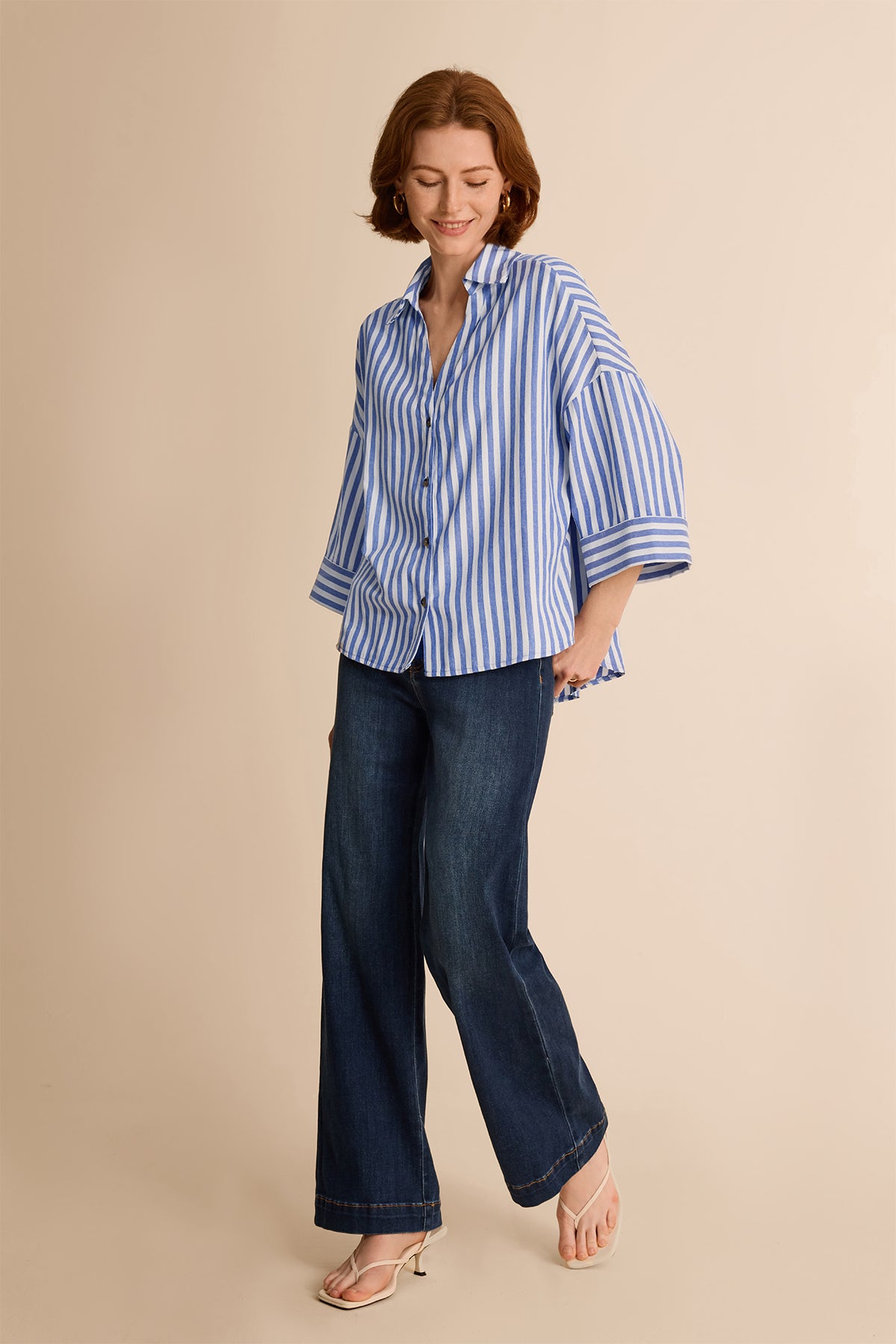 Womens Blue 3/4 Bell Sleeve Button Down Shirts | CicyBell