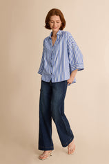 Womens Blue 3/4 Bell Sleeve Button Down Shirts | CicyBell
