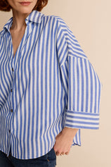 Womens Blue 3/4 Bell Sleeve Button Down Shirts | CicyBell