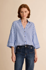 Womens Blue 3/4 Bell Sleeve Button Down Shirts | CicyBell