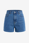 A vintage-inspired Cicy Bell high-rise denim short with a stylishly distressed raw hemline for a "cool girl" vibe. Highlights the relaxed straight-leg Mom-short fit, ideal for pairing with crop tops or tucked-in graphic tees in summer.
