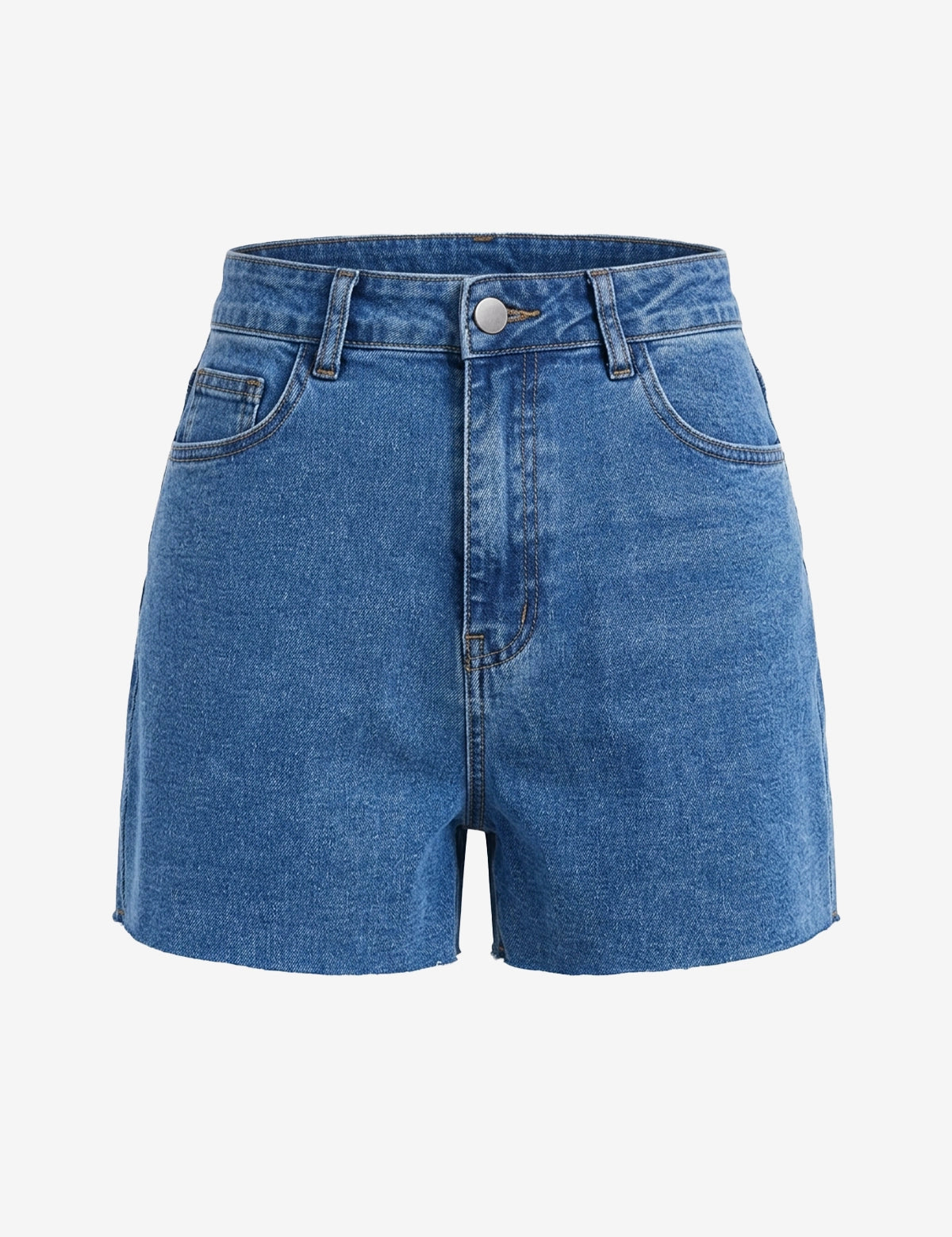 A vintage-inspired Cicy Bell high-rise denim short with a stylishly distressed raw hemline for a "cool girl" vibe. Highlights the relaxed straight-leg Mom-short fit, ideal for pairing with crop tops or tucked-in graphic tees in summer.