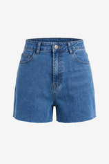 A vintage-inspired Cicy Bell high-rise denim short with a stylishly distressed raw hemline for a "cool girl" vibe. Highlights the relaxed straight-leg Mom-short fit, ideal for pairing with crop tops or tucked-in graphic tees in summer.
