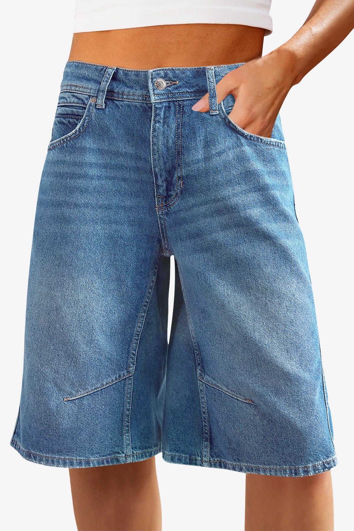 Cicy Bell Women's Wide-Leg Denim Shorts featuring a trendy Bermuda-style silhouette and a $10.3\text{-inch}$ inseam. These mid-rise stretchy denim shorts offer a relaxed, straight-leg fit and a classic 5-pocket design for a casual-cool look.