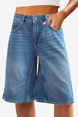 Cicy Bell Women's Wide-Leg Denim Shorts featuring a trendy Bermuda-style silhouette and a $10.3\text{-inch}$ inseam. These mid-rise stretchy denim shorts offer a relaxed, straight-leg fit and a classic 5-pocket design for a casual-cool look.