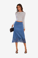 Womens Blue Silk Satin Midi Skirts | CicyBell