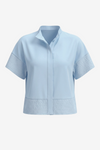 Cicy Bell Women's Cropped Blouse in a modern boxy silhouette featuring a sophisticated stand collar and oversized drop shoulders. This "Quiet Luxury" short shirt includes refined multi-row stitch detailing at the cuffs and hem for a structured look.