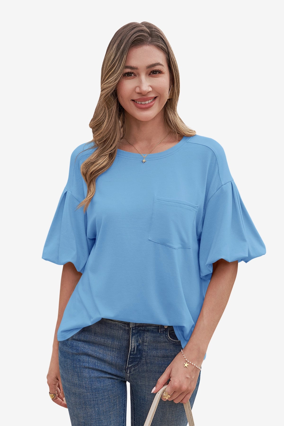 Womens Blue Puff Short Sleeve T-Shirts| CicyBell