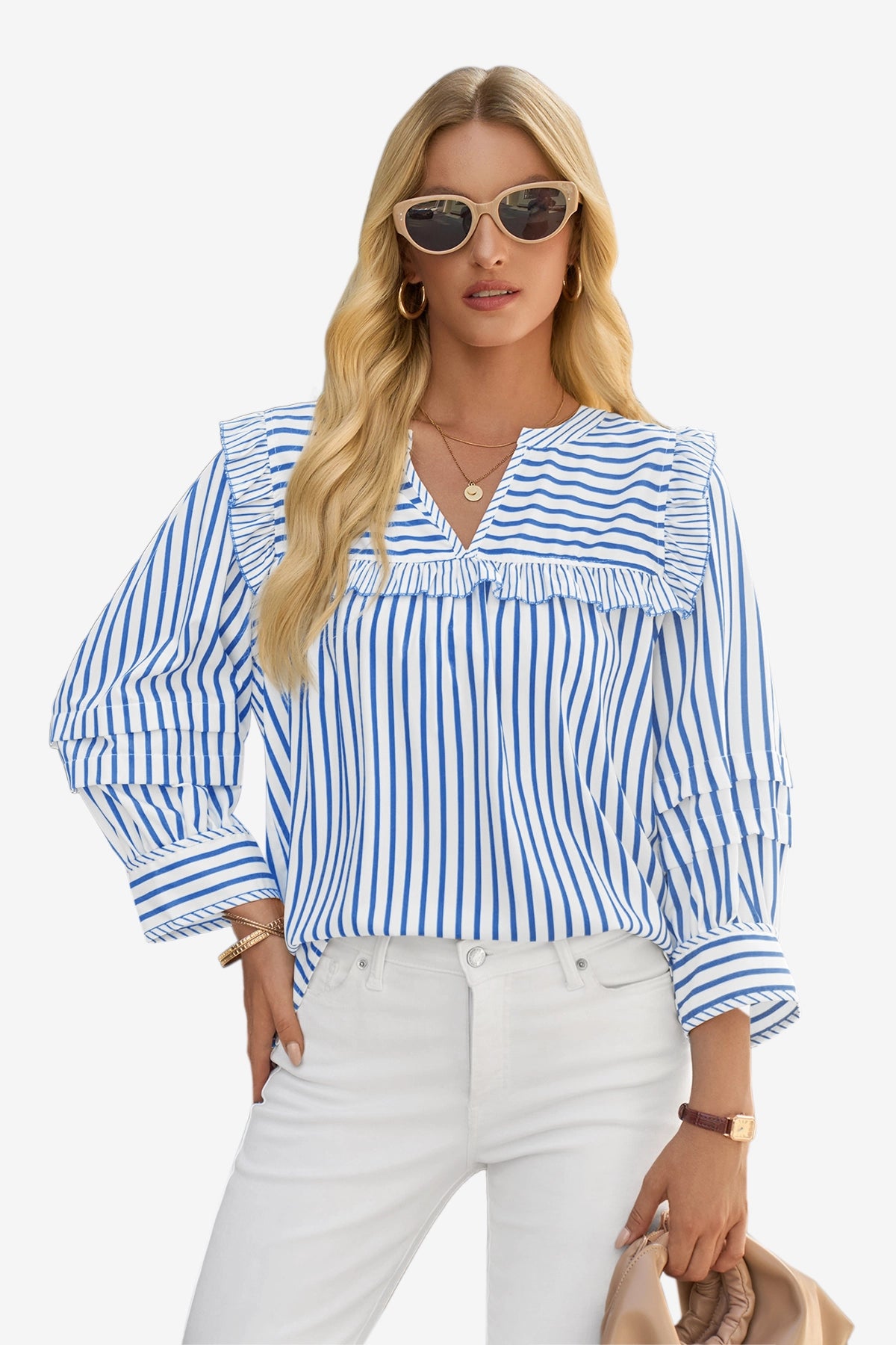 Womens Blue Striped Babydoll Tops | CicyBell