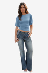Womens Bluish Gray Tie Back Cinched Tops | CicyBell
