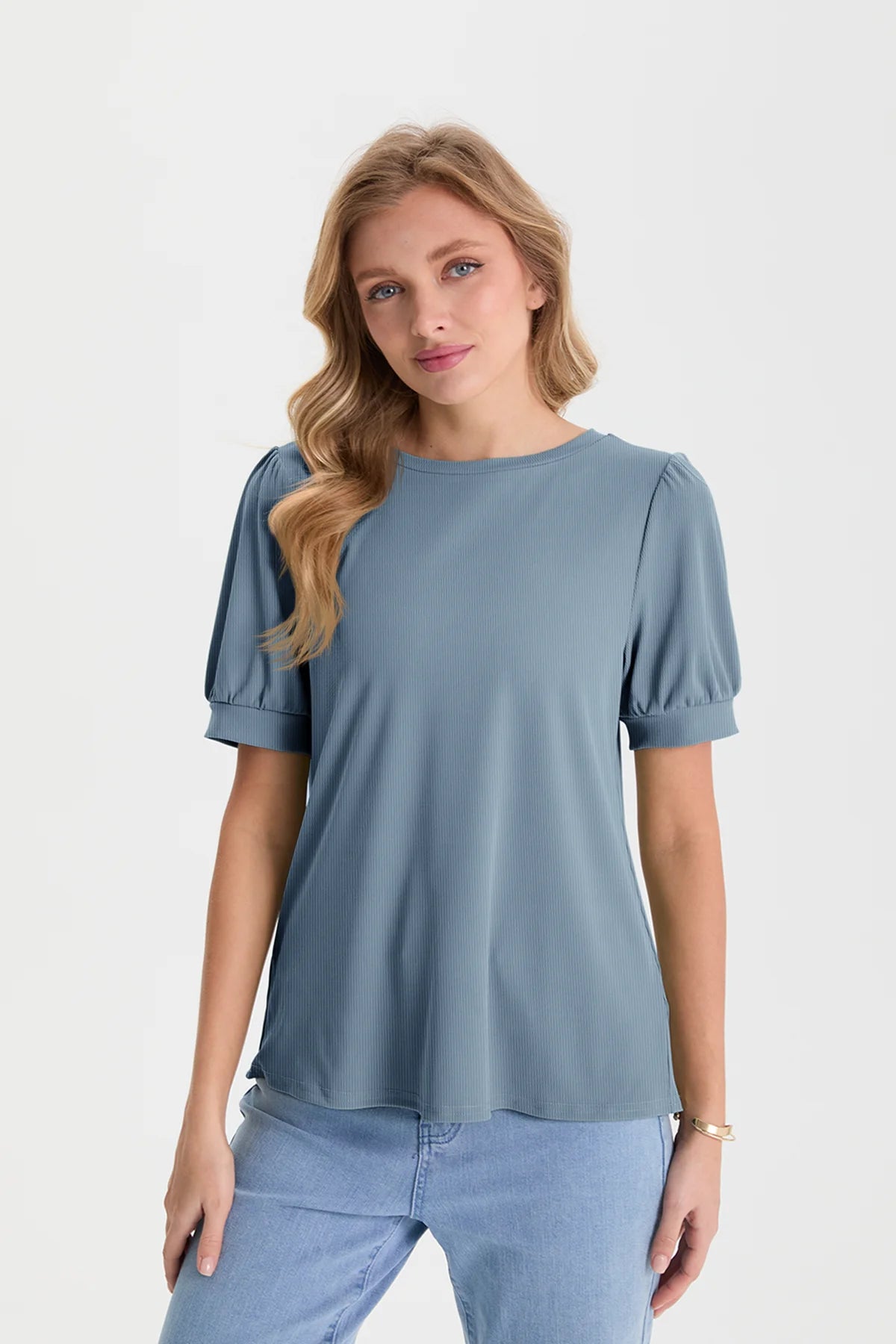 Womens Bluish Grey Short Puff Sleeve Blouses | CicyBell