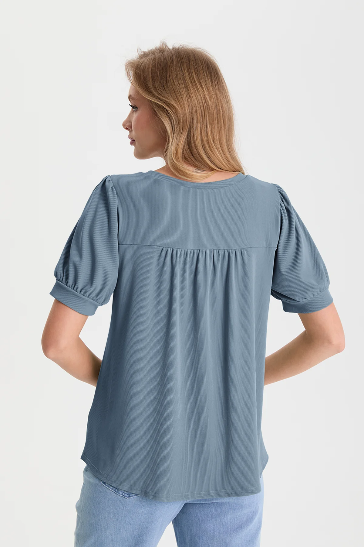 Womens Bluish Grey Short Puff Sleeve Blouses | CicyBell