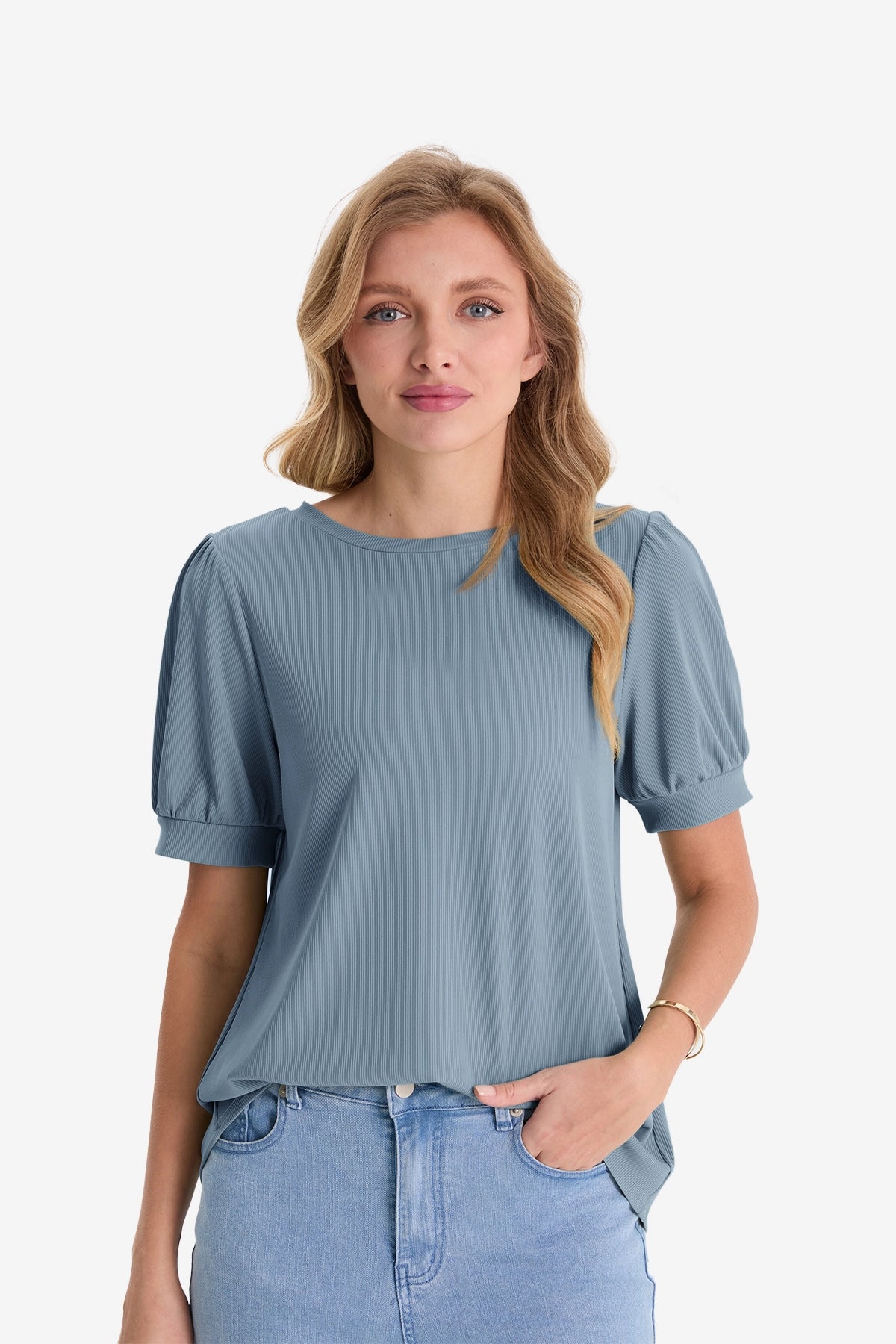 Womens Bluish Grey Short Puff Sleeve Blouses | CicyBell