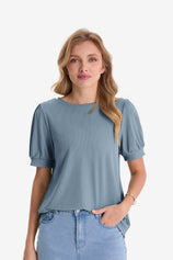 Womens Bluish Grey Short Puff Sleeve Blouses | CicyBell