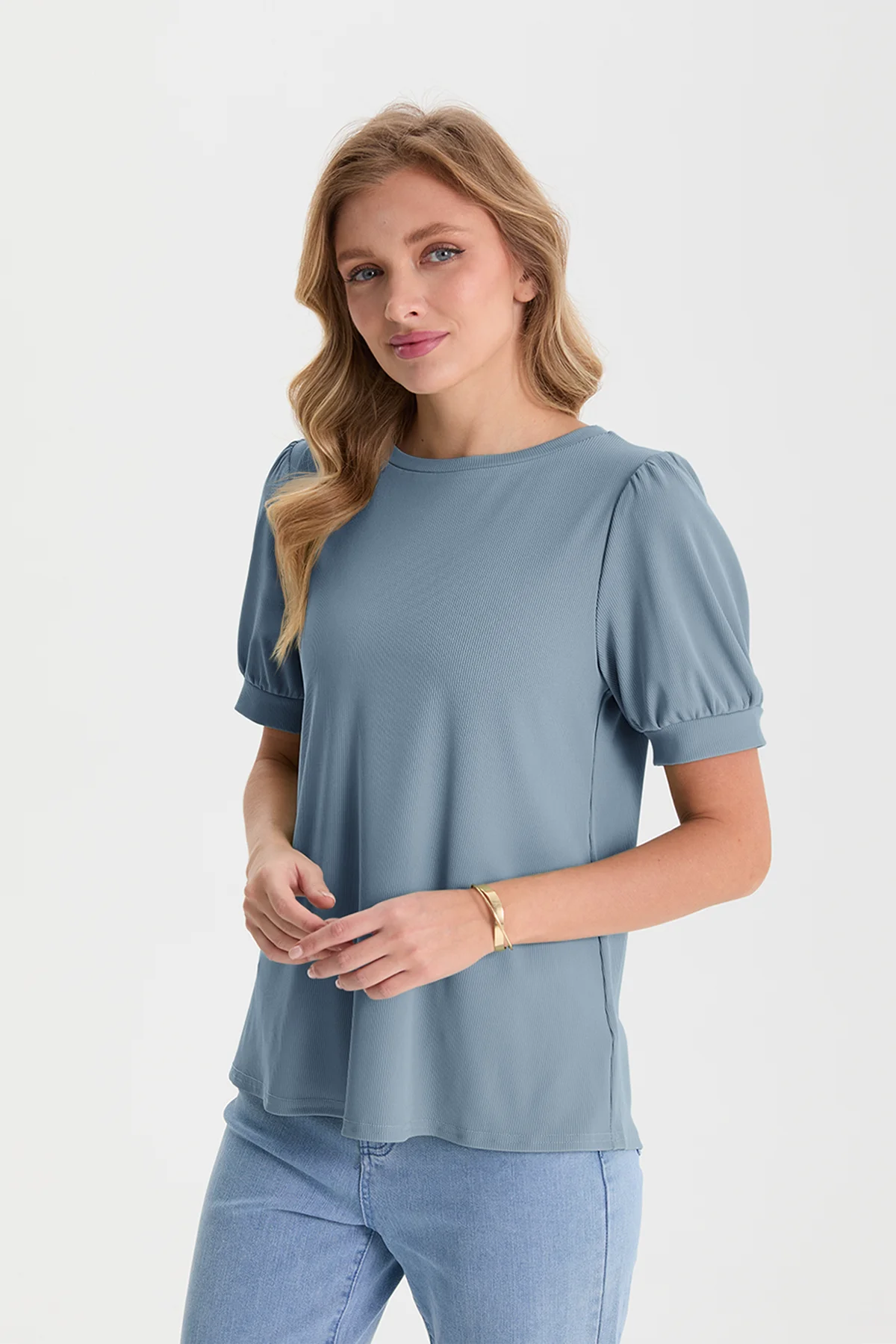 Womens Bluish Grey Short Puff Sleeve Blouses | CicyBell