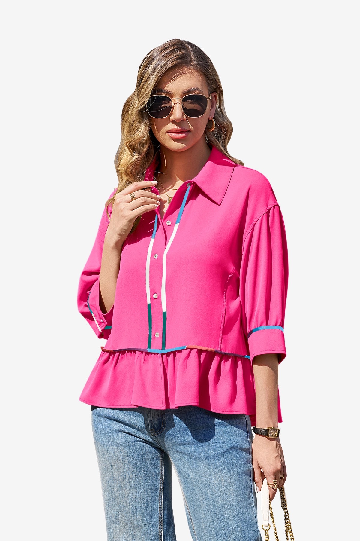Womens Bright Pink Summer Button Down Blouses | CicyBell