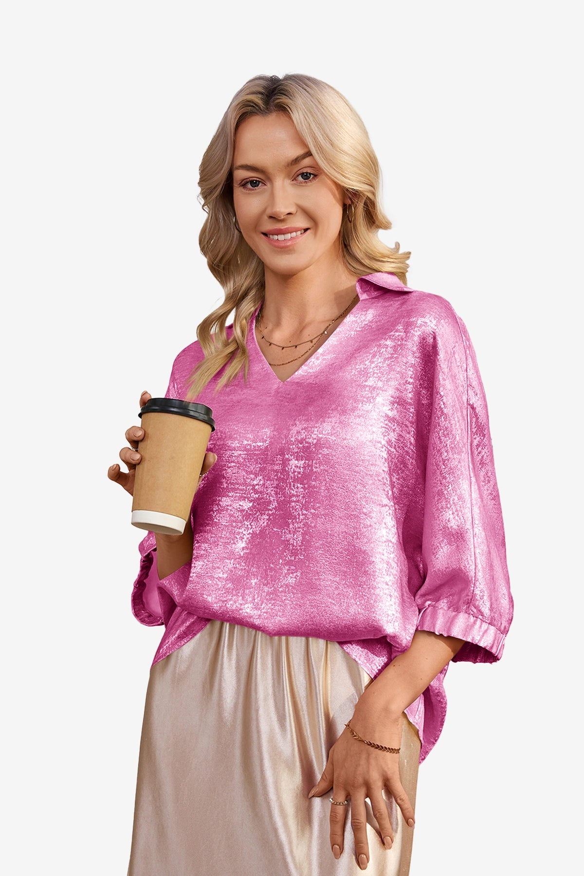 Womens Bright Pink Metallic 3/4 Sleeve | CicyBell