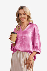 Womens Bright Pink Metallic 3/4 Sleeve | CicyBell