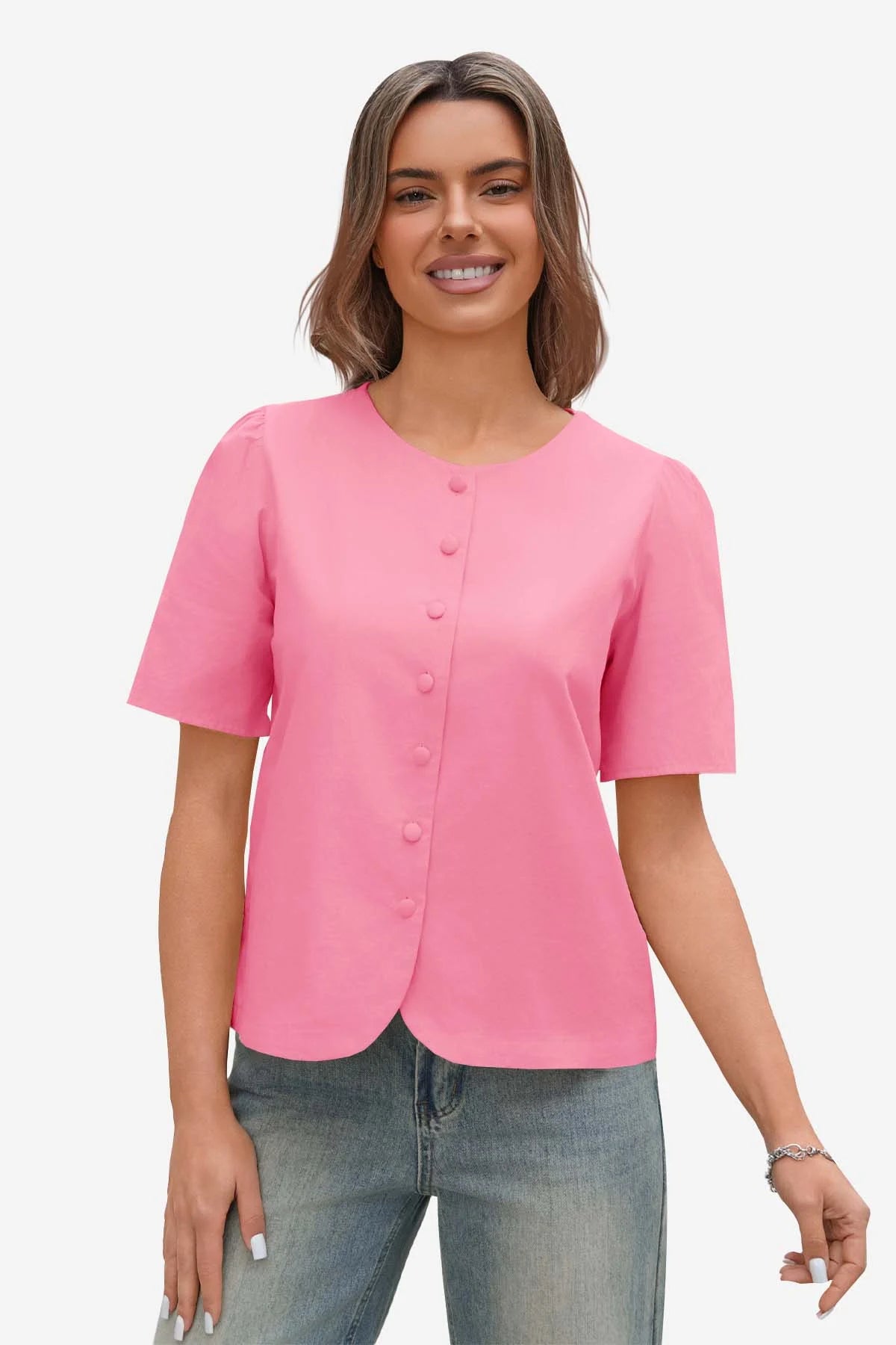 Womens Bright Pink Short Button Down Puff Sleeve | CicyBell