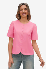 Womens Bright Pink Short Button Down Puff Sleeve | CicyBell