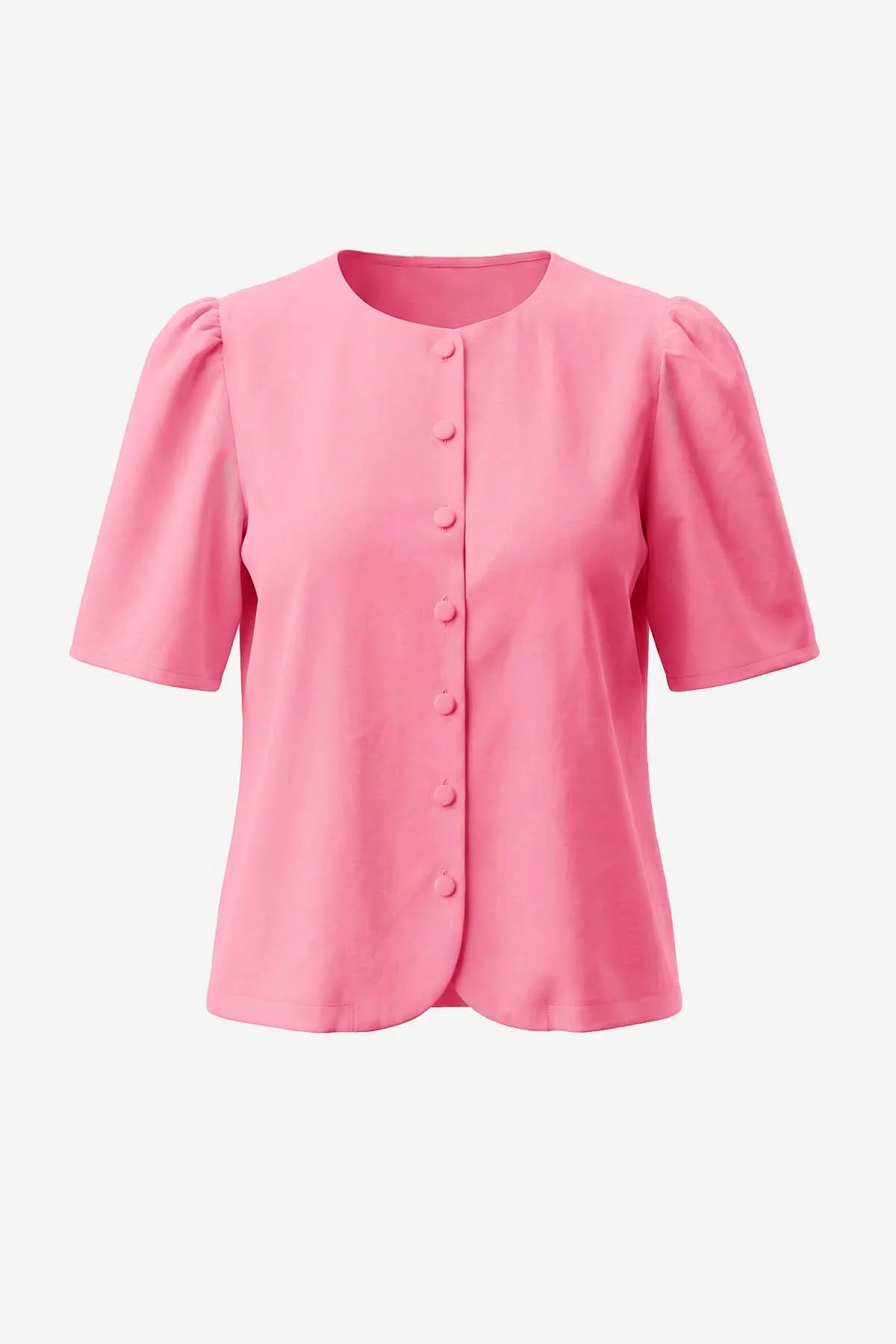 Womens Bright Pink Short Button Down Puff Sleeve | CicyBell