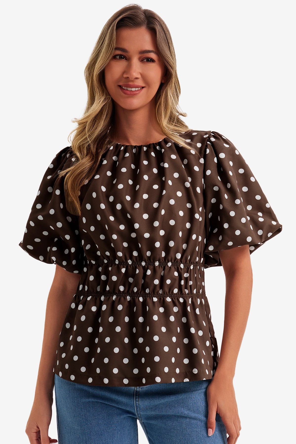 Womens Brown Polka Dots Peplum Blouses  | CicyBell