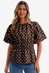 Womens Brown Polka Dots Peplum Blouses  | CicyBell