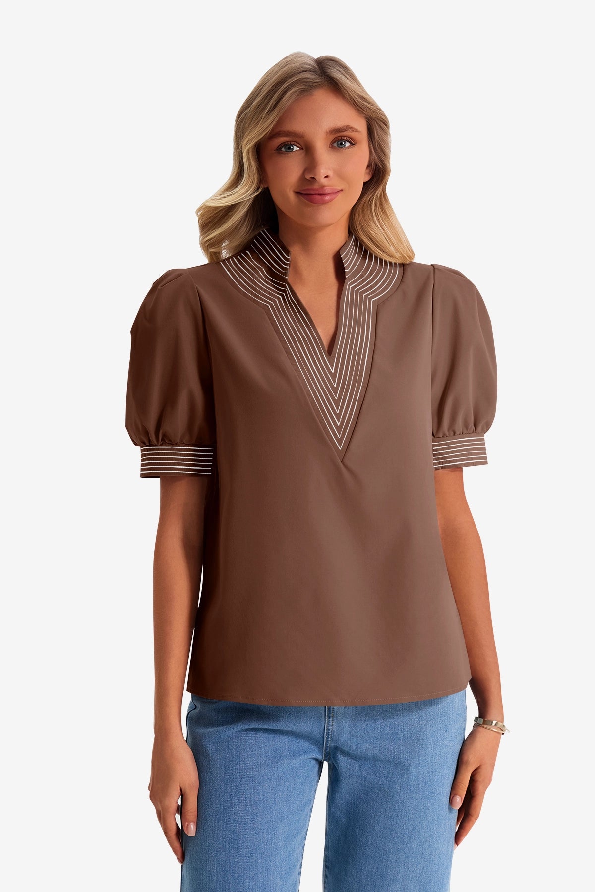 Womens Brown Puff Short Sleeve Blouses | CicyBell