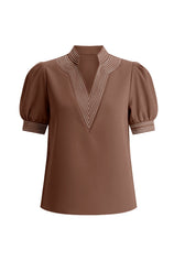 Womens Brown Puff Short Sleeve Blouses | CicyBell